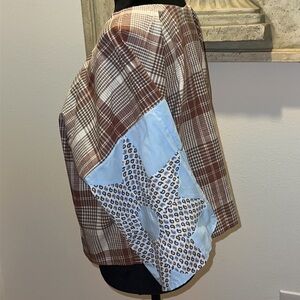 Material plaid cropped plaid‎ quilted look sleeves top blouse Sz L